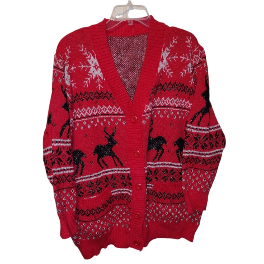 K) SHEIN Curve 3XL Red Christmas Cardigan Reindeer Snowflake Knit Sweater Plus S